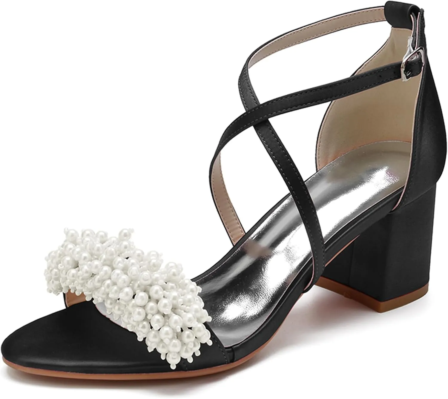 Women Open Toe Chunky Block Heels Beaded Satin Crossover Strappy Wedding Evening Party Sandals