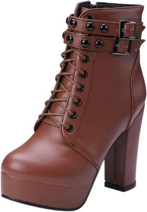 Women Platform Biker Short Boots Round Toe High Heeled
