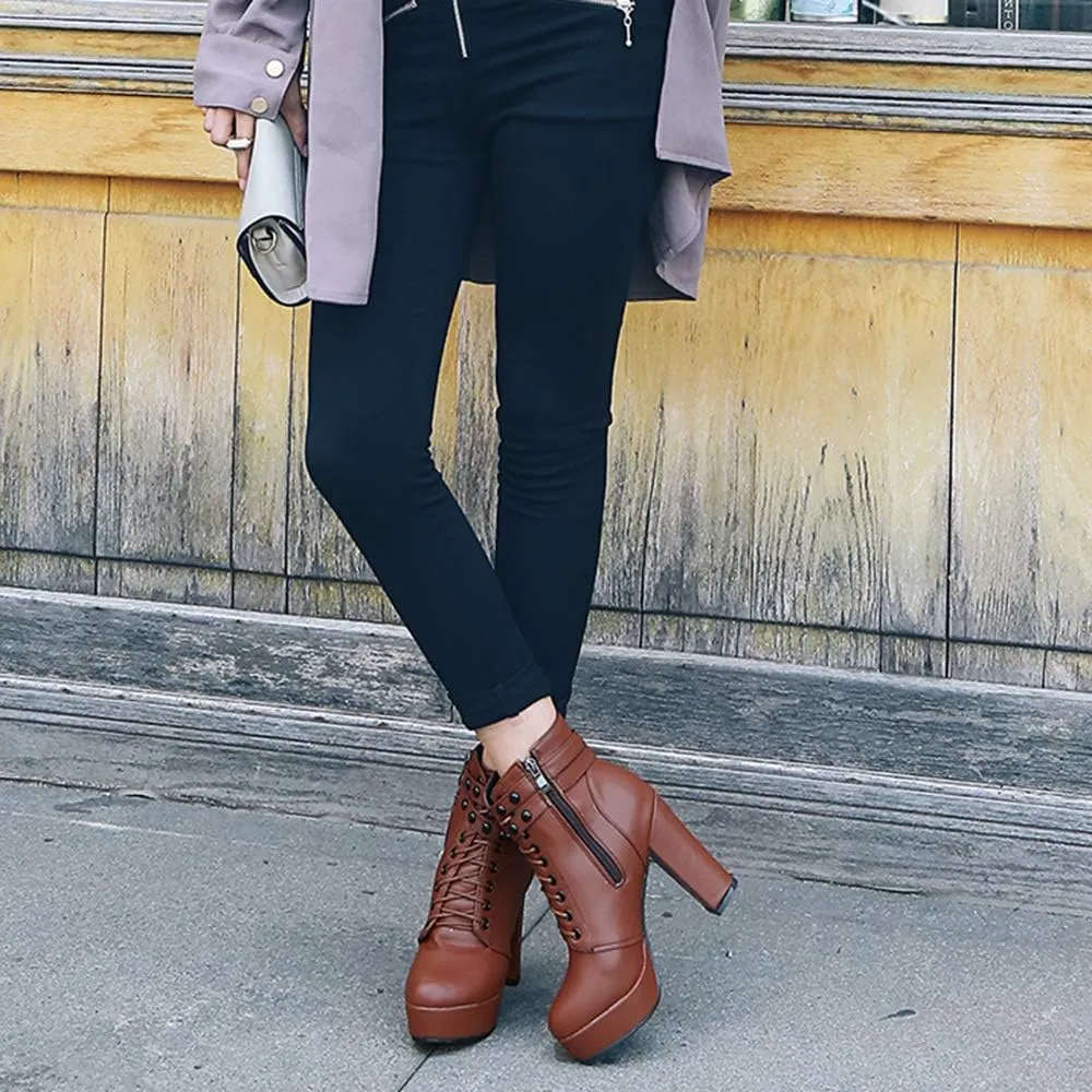 Women Platform Biker Short Boots Round Toe High Heeled