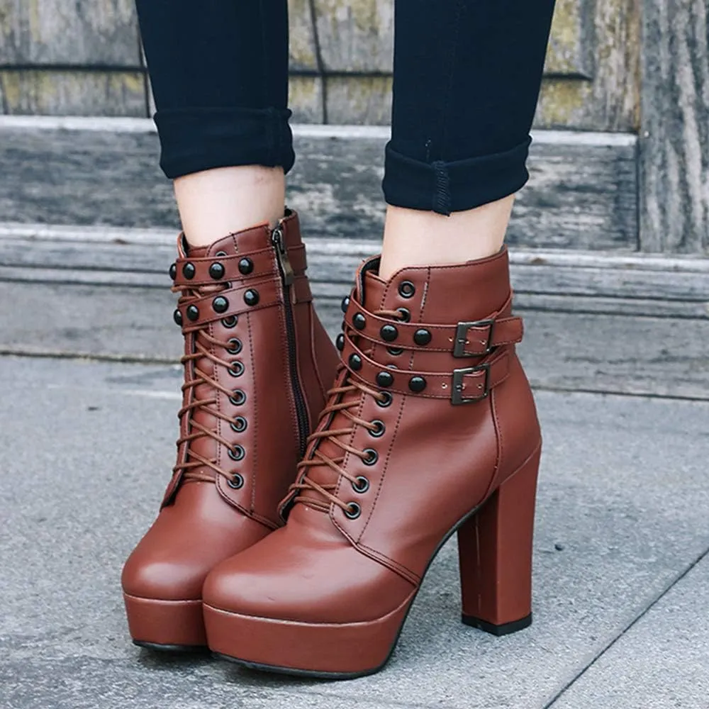 Women Platform Biker Short Boots Round Toe High Heeled