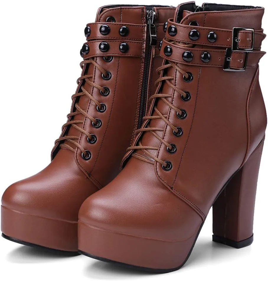 Women Platform Biker Short Boots Round Toe High Heeled