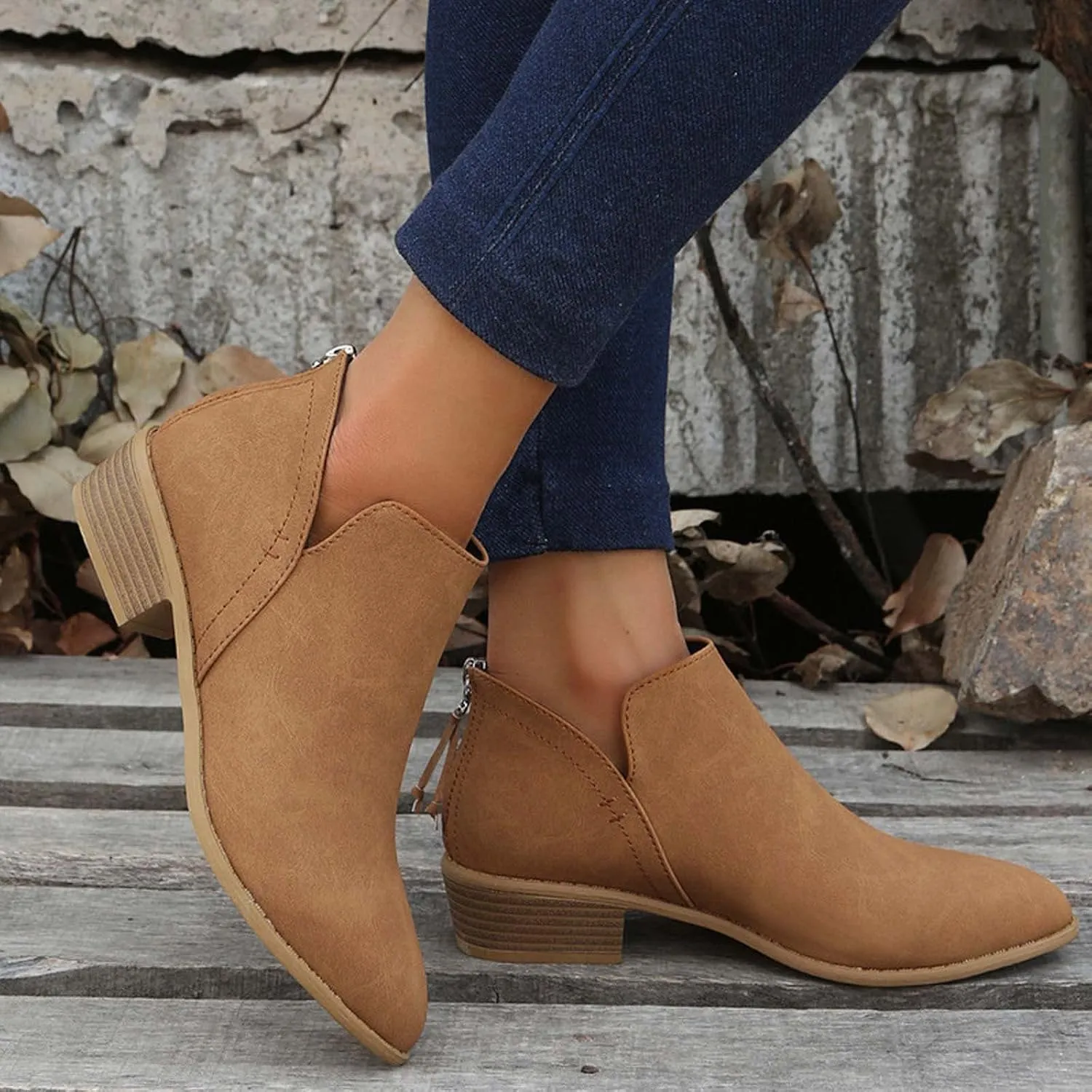 Women Pointed Toe Ankle Boots 2022 Fall Fashion Casual Back Zipper V Cutout Block Chunky Mid Heel Booties Solid Comfy Slip on Ladies Shoes