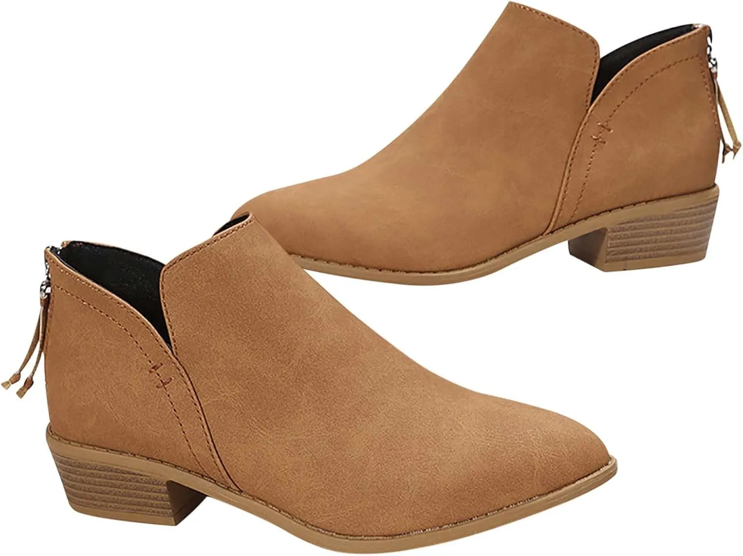 Women Pointed Toe Ankle Boots 2022 Fall Fashion Casual Back Zipper V Cutout Block Chunky Mid Heel Booties Solid Comfy Slip on Ladies Shoes