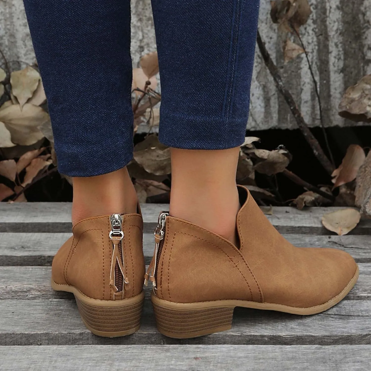 Women Pointed Toe Ankle Boots 2022 Fall Fashion Casual Back Zipper V Cutout Block Chunky Mid Heel Booties Solid Comfy Slip on Ladies Shoes
