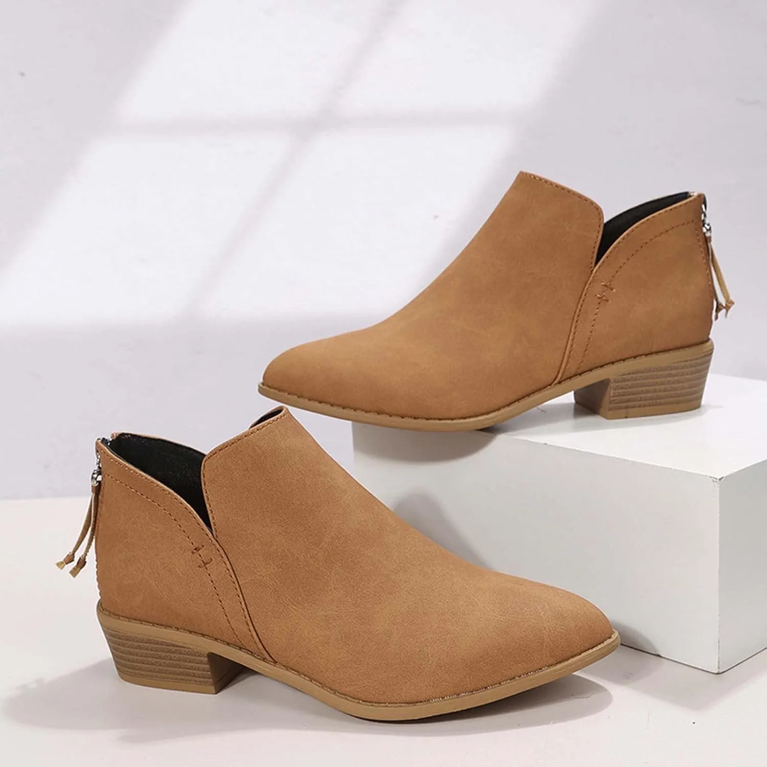 Women Pointed Toe Ankle Boots 2022 Fall Fashion Casual Back Zipper V Cutout Block Chunky Mid Heel Booties Solid Comfy Slip on Ladies Shoes