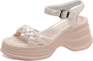 Women Sandals Split Leather Weave Peep Toe High Heels Platform Buckle Strap Casual Modern Sandals