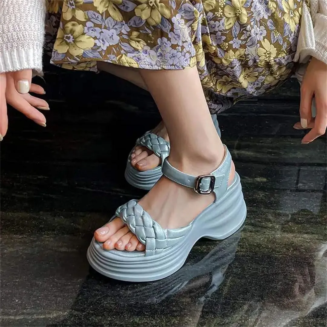 Women Sandals Split Leather Weave Peep Toe High Heels Platform Buckle Strap Casual Modern Sandals