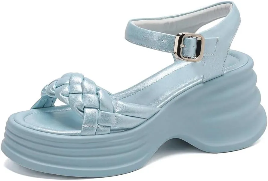 Women Sandals Split Leather Weave Peep Toe High Heels Platform Buckle Strap Casual Modern Sandals