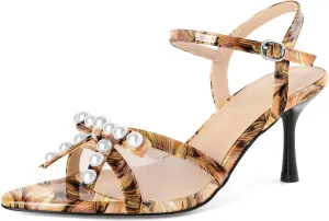 Women Stiletto Heel Sandals Strappy Heels Open Toe Sandals Slingback Heel Sandals Comfort Dressy Pearl Heels Evening Party 3.5 Inch