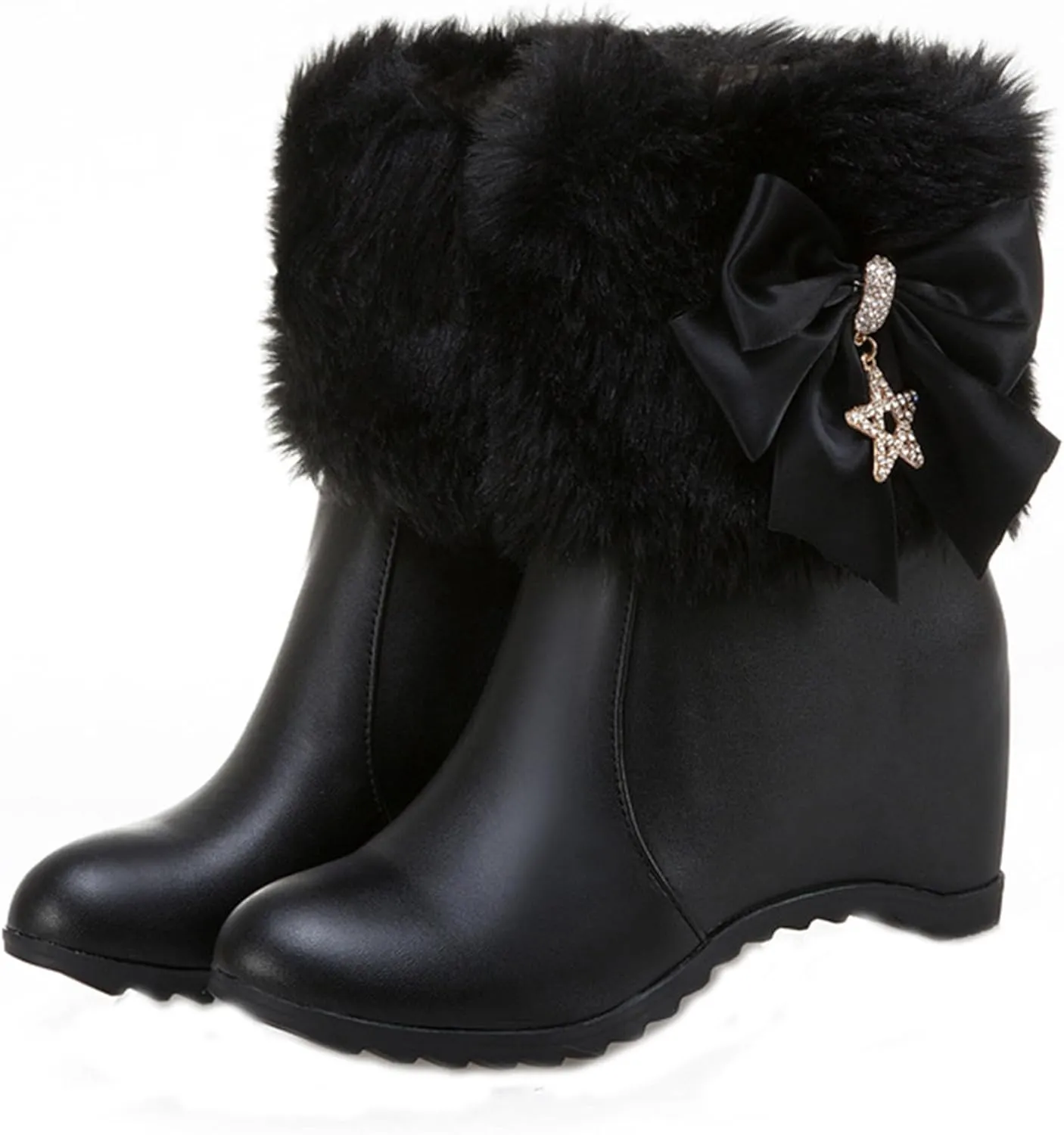 Women Winter Warm Hidden Wedge Snow Booties Leather Cute Bowknot Rhinestones Fluffy Fur Lined Thickening Side Zipper Ankle Boots