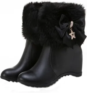 Women Winter Warm Hidden Wedge Snow Booties Leather Cute Bowknot Rhinestones Fluffy Fur Lined Thickening Side Zipper Ankle Boots