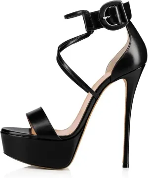 Women's 16cm Stiletto Sandals - Black Gold Cross-Tied Party Pumps