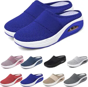 Women's Air Cushion Slip-On Walking Shoes-Orthopedic Diabetic Walking Shoes, Breathable with Arch Support Knit Casual Shoes, Casual Air Cushion Platform Mesh Mules Sneaker Sandals (Blue, 7)