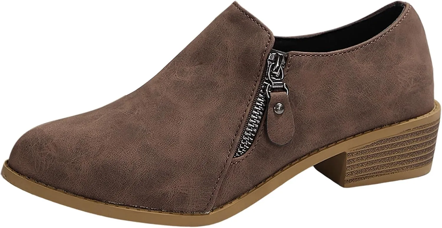 Women's Ankle Boots & Booties Low Heel Leather Loafers Waterproof Slip on Comfortable Fall Winter Boots Side Zipper Wide Width Ladies Boots Women Booties