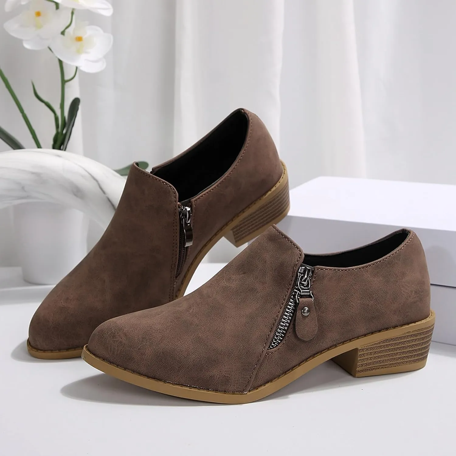 Women's Ankle Boots & Booties Low Heel Leather Loafers Waterproof Slip on Comfortable Fall Winter Boots Side Zipper Wide Width Ladies Boots Women Booties