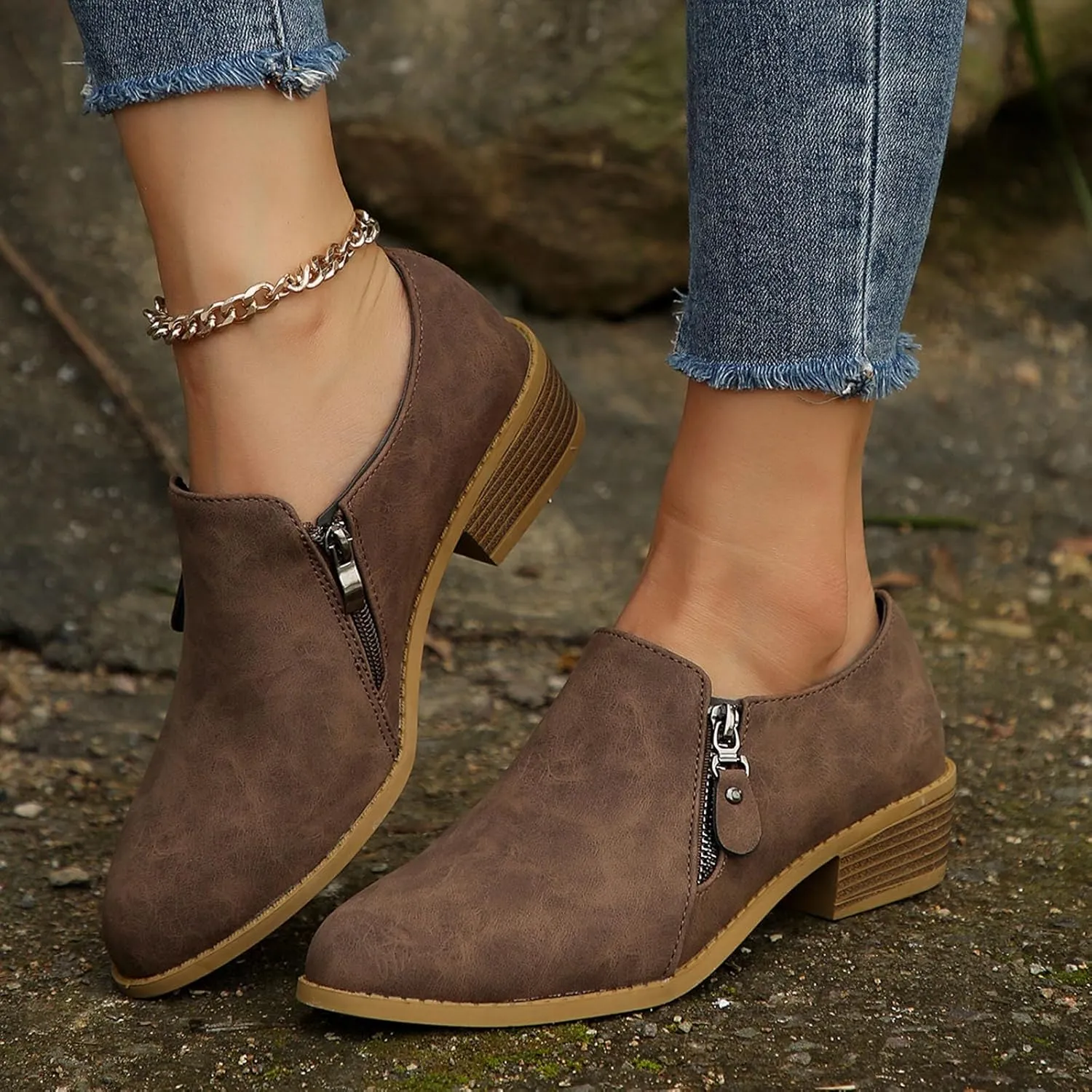 Women's Ankle Boots & Booties Low Heel Leather Loafers Waterproof Slip on Comfortable Fall Winter Boots Side Zipper Wide Width Ladies Boots Women Booties