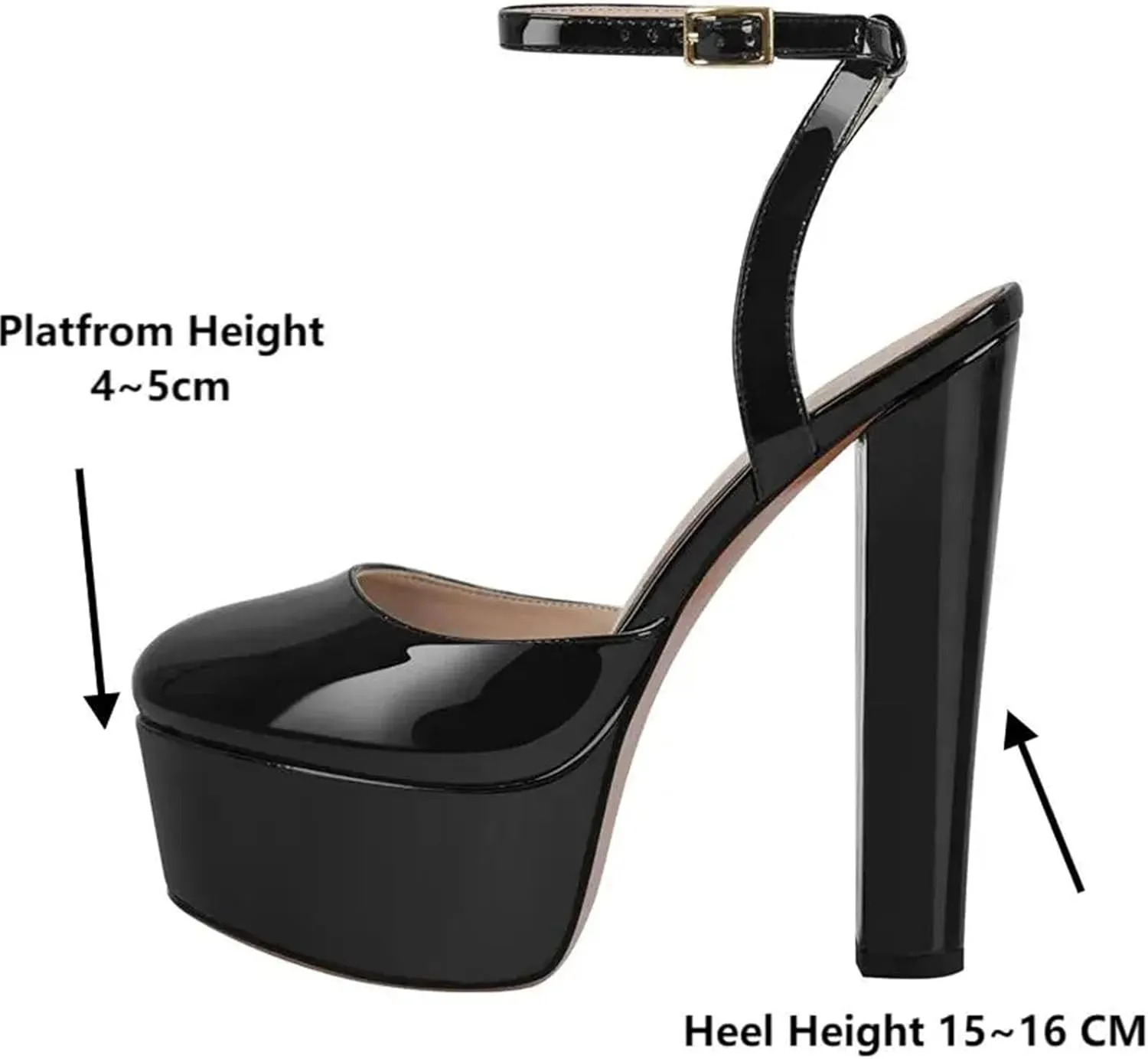 Women's Black Patent Platforms - Chunky Ankle Buckle Stilettos