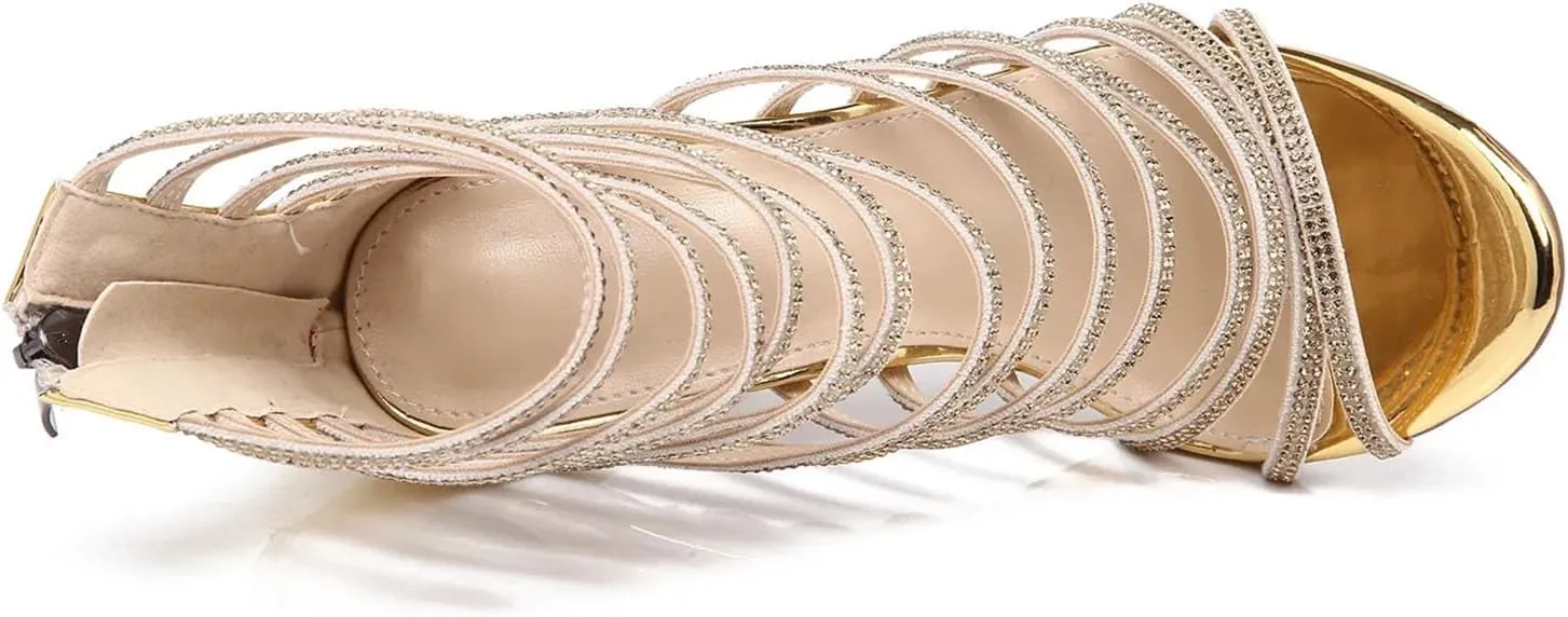 Women's Bling Gold Crystal Gladiator Sandals - Stiletto Rhinestone Cage High Heels
