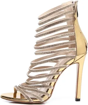 Women's Bling Gold Crystal Gladiator Sandals - Stiletto Rhinestone Cage High Heels