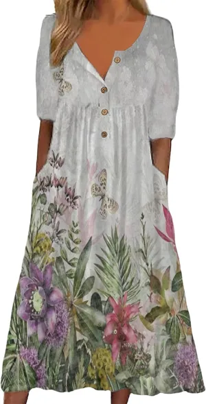 Women's Bohemian Casual Maxi Dress Summer Basic Loose Fit V-Neck Short Sleeve Long Dresses for Beach Vacation