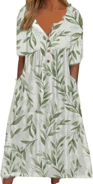 Women's Bohemian Casual Maxi Dress Summer Basic Loose Fit V-Neck Short Sleeve Long Dresses for Beach Vacation