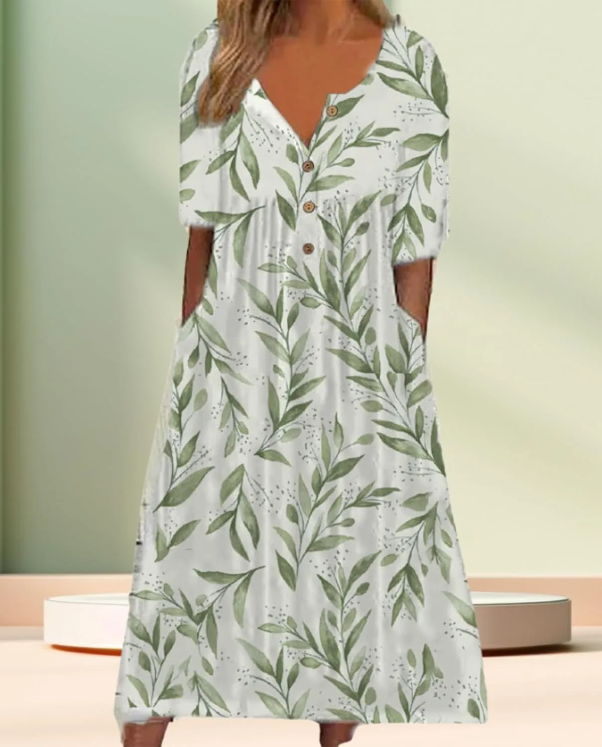 Women's Bohemian Casual Maxi Dress Summer Basic Loose Fit V-Neck Short Sleeve Long Dresses for Beach Vacation