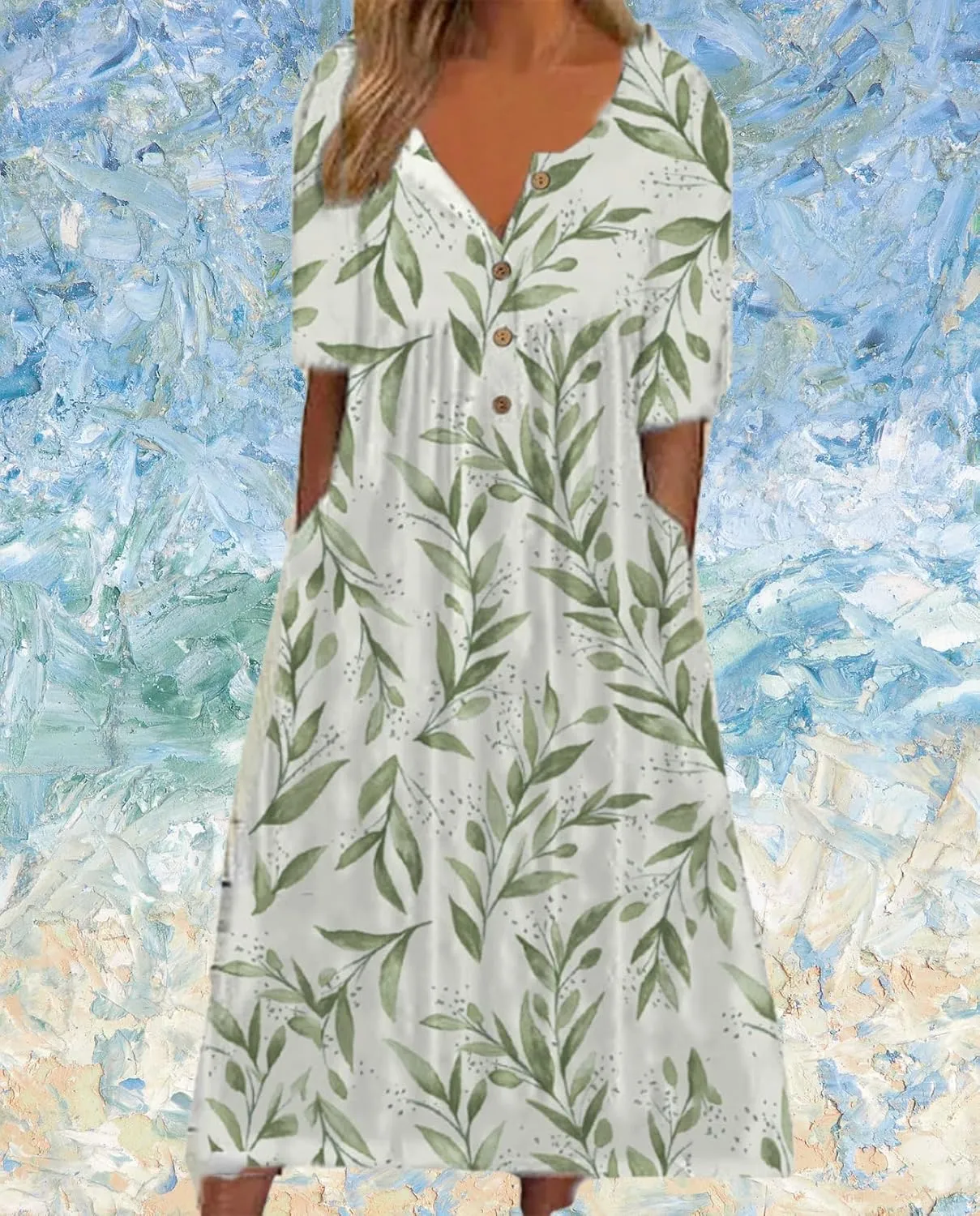 Women's Bohemian Casual Maxi Dress Summer Basic Loose Fit V-Neck Short Sleeve Long Dresses for Beach Vacation