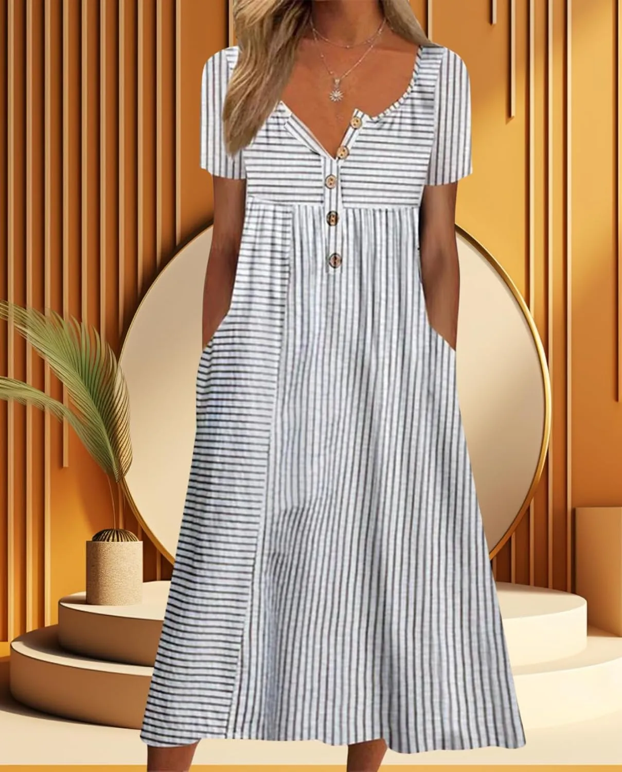 Women's Bohemian Casual Maxi Dress Summer Basic Loose Fit V-Neck Short Sleeve Long Dresses for Beach Vacation
