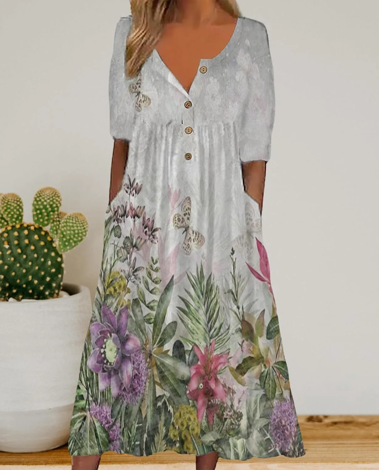 Women's Bohemian Casual Maxi Dress Summer Basic Loose Fit V-Neck Short Sleeve Long Dresses for Beach Vacation