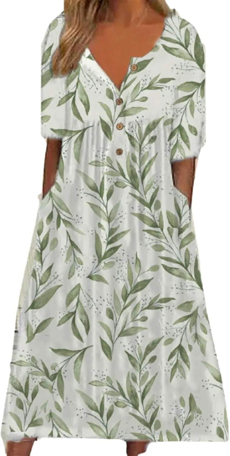 Women's Bohemian Casual Maxi Dress Summer Basic Loose Fit V-Neck Short Sleeve Long Dresses for Beach Vacation