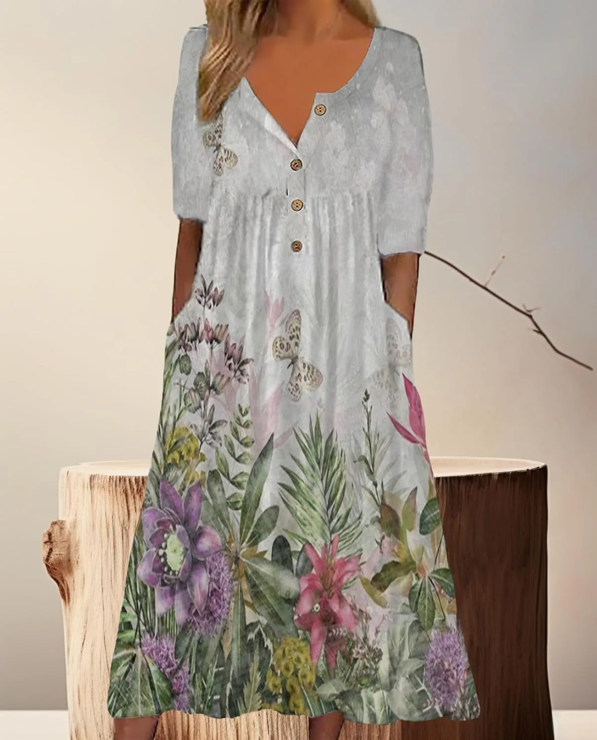 Women's Bohemian Casual Maxi Dress Summer Basic Loose Fit V-Neck Short Sleeve Long Dresses for Beach Vacation