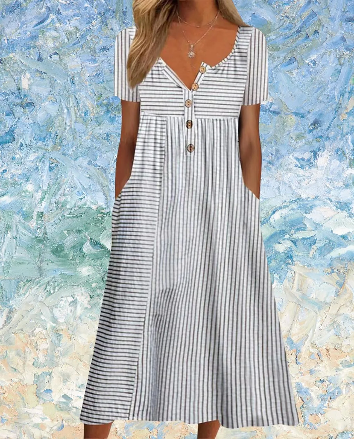 Women's Bohemian Casual Maxi Dress Summer Basic Loose Fit V-Neck Short Sleeve Long Dresses for Beach Vacation