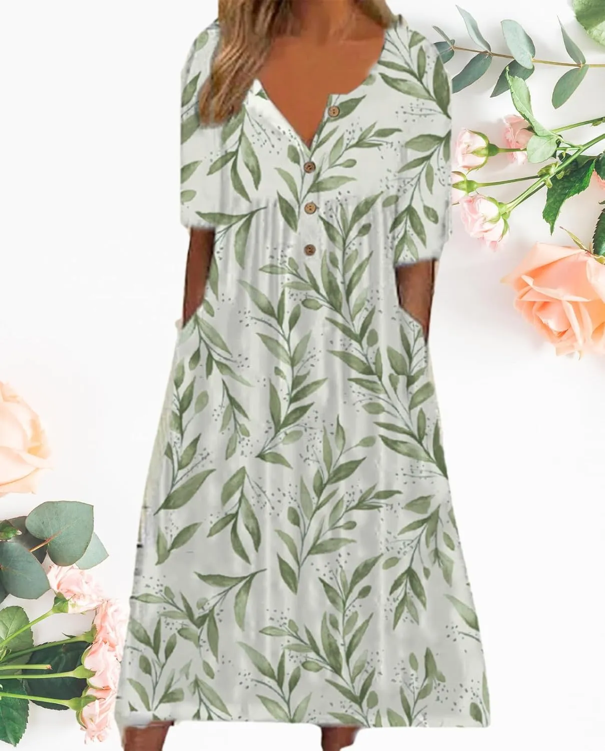 Women's Bohemian Casual Maxi Dress Summer Basic Loose Fit V-Neck Short Sleeve Long Dresses for Beach Vacation