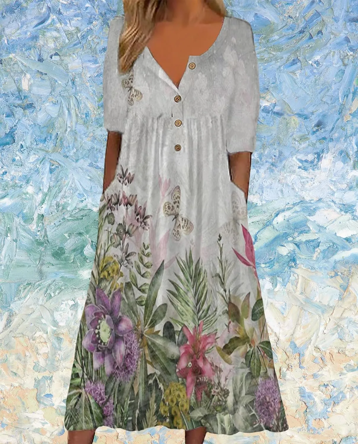 Women's Bohemian Casual Maxi Dress Summer Basic Loose Fit V-Neck Short Sleeve Long Dresses for Beach Vacation