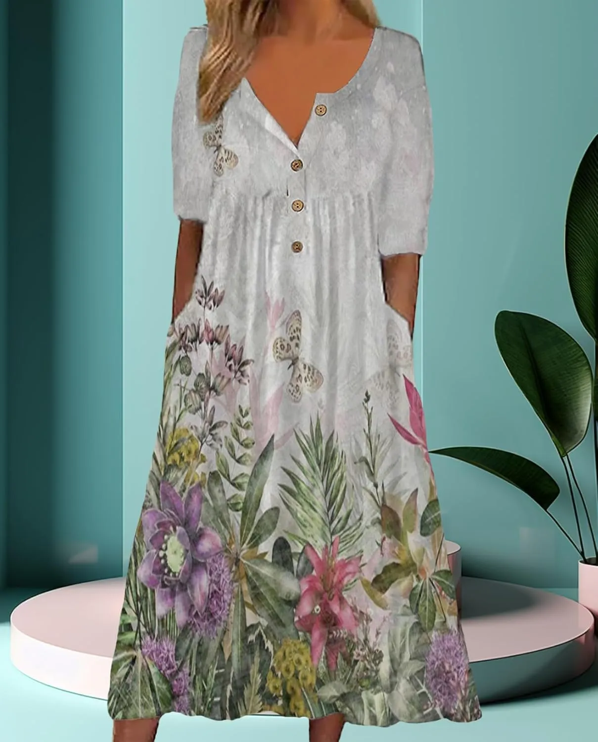 Women's Bohemian Casual Maxi Dress Summer Basic Loose Fit V-Neck Short Sleeve Long Dresses for Beach Vacation