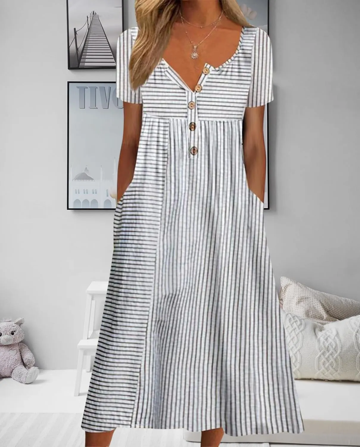 Women's Bohemian Casual Maxi Dress Summer Basic Loose Fit V-Neck Short Sleeve Long Dresses for Beach Vacation