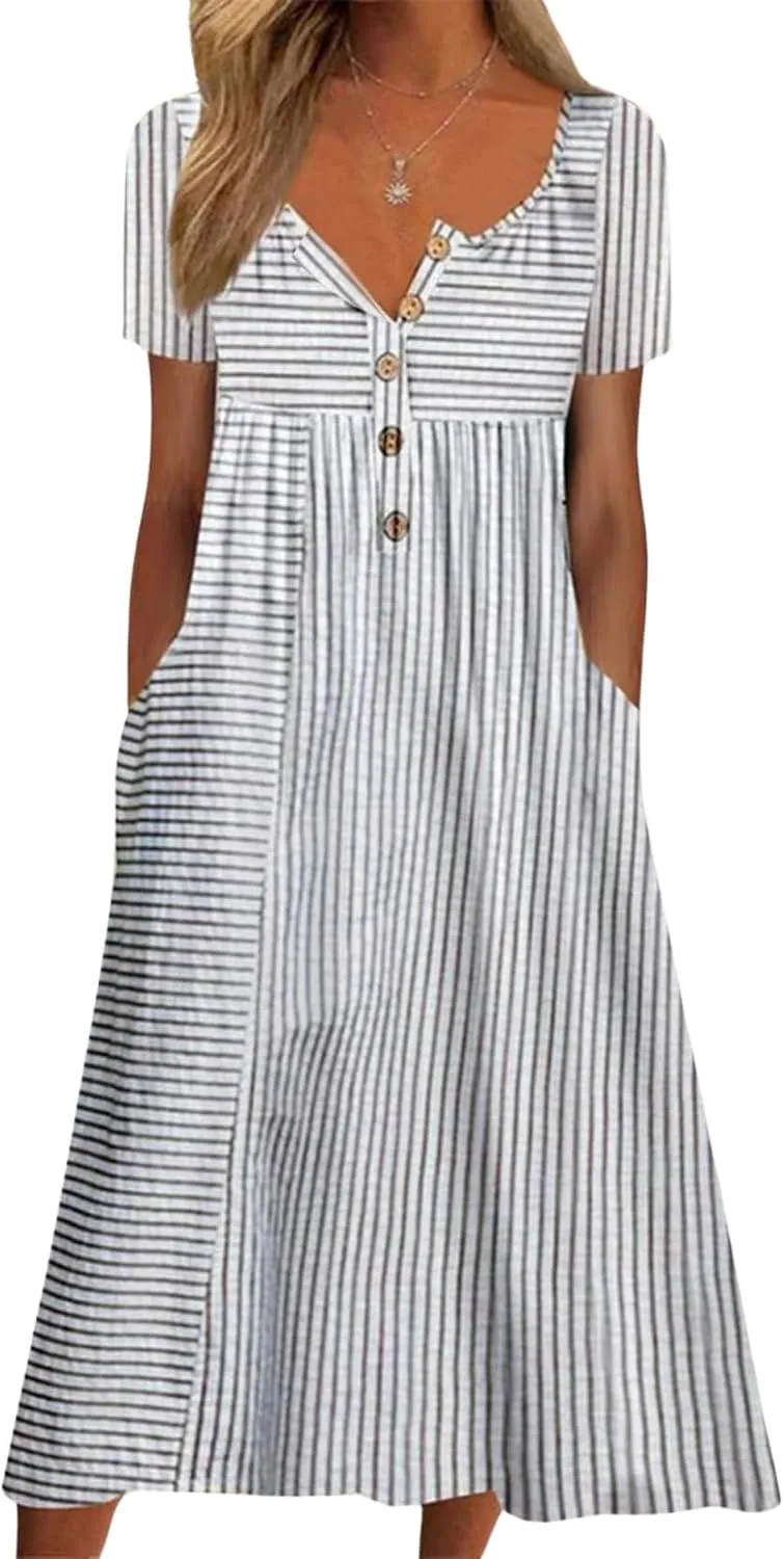 Women's Bohemian Casual Maxi Dress Summer Basic Loose Fit V-Neck Short Sleeve Long Dresses for Beach Vacation
