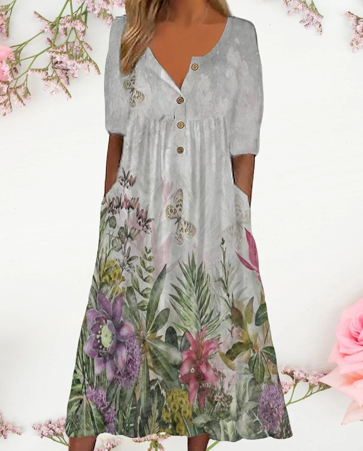 Women's Bohemian Casual Maxi Dress Summer Basic Loose Fit V-Neck Short Sleeve Long Dresses for Beach Vacation