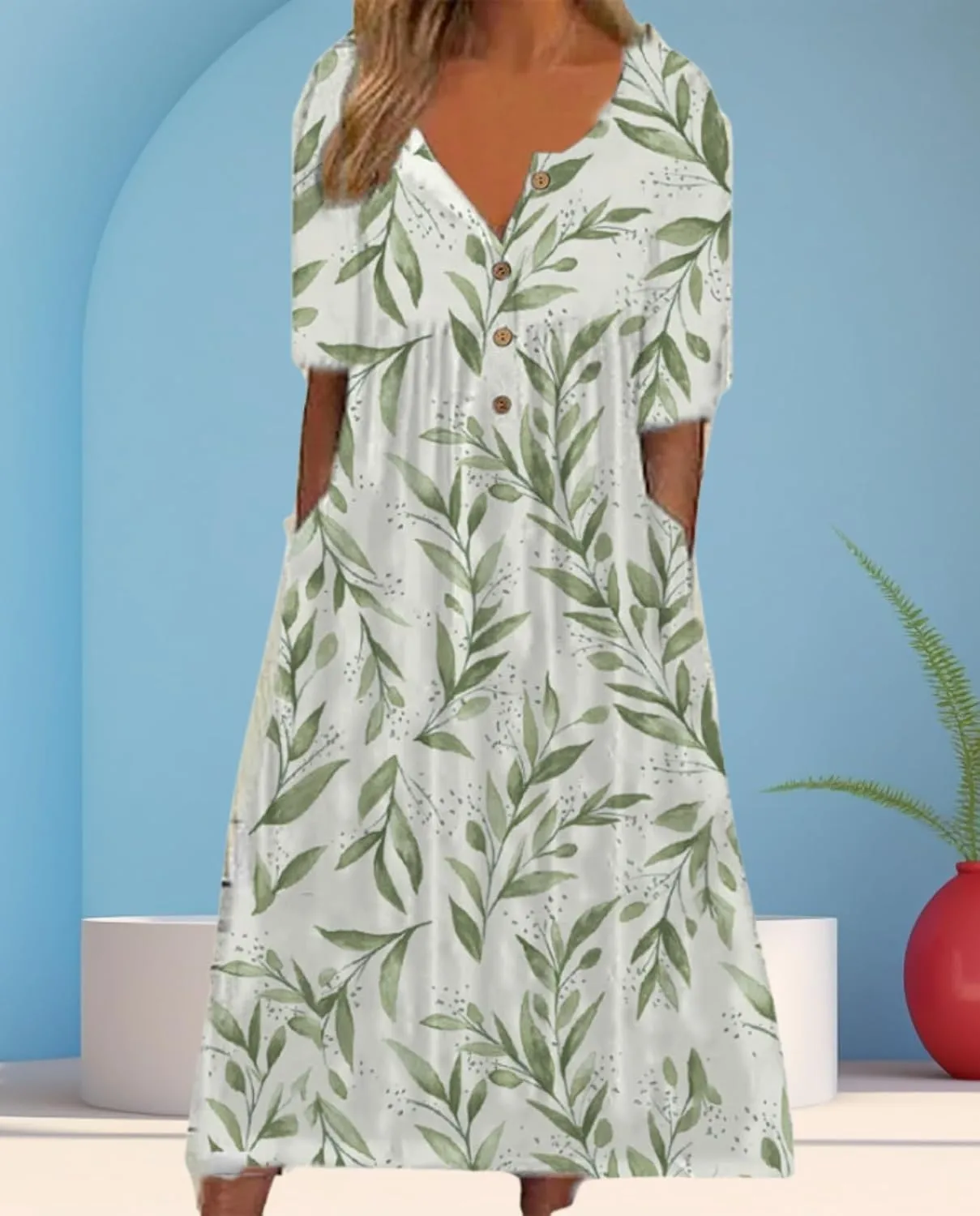 Women's Bohemian Casual Maxi Dress Summer Basic Loose Fit V-Neck Short Sleeve Long Dresses for Beach Vacation