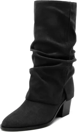 Womens Boots Mid Calf Slouchy Suede Pointed Toe Slip on Chunky Heel Short Boots Comfortable Casual Fall Winter Booties