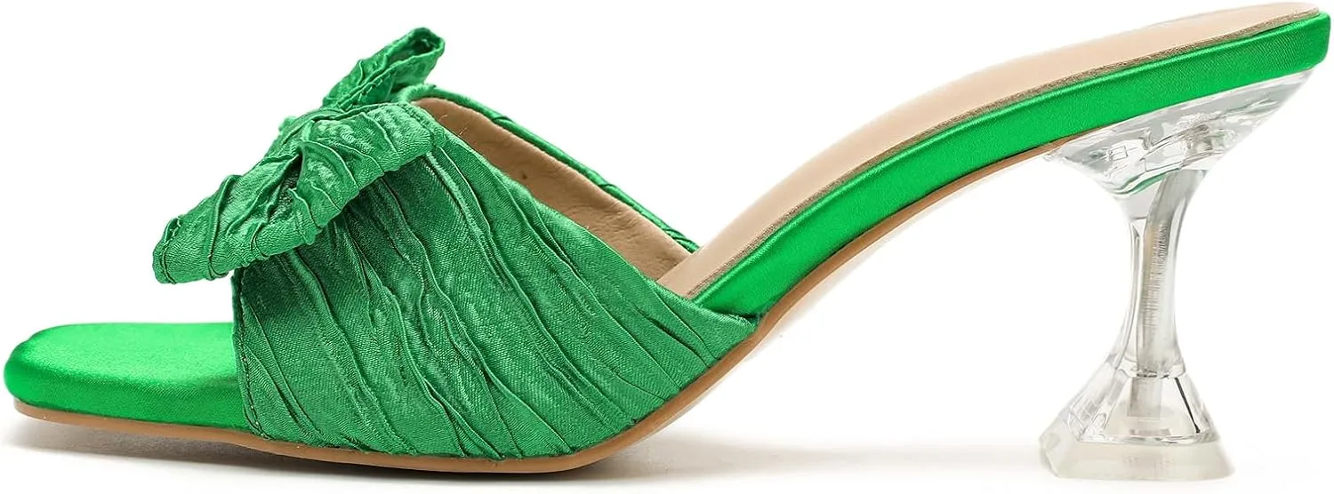Women's Bowknot Heeled Sandals Square Toe Pleated Bow Heels Slippers Stilettos Mules Slip on Wedding Party Dress Shoe