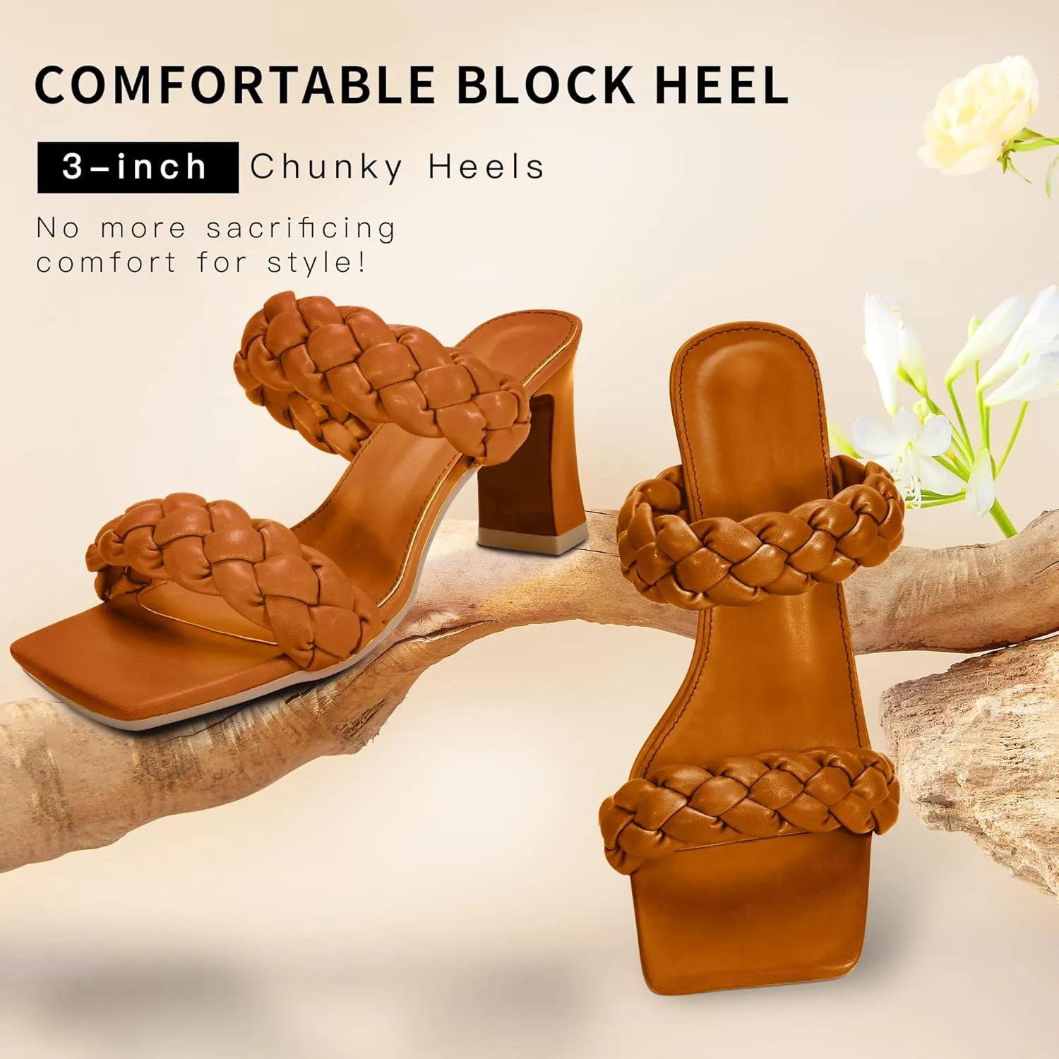 Women's Braided Heeled Sandals Fashion Square Toe Heels Block Chunky Heel Mules Slip On Dress Sexy Backless Summer High Heels Slipper