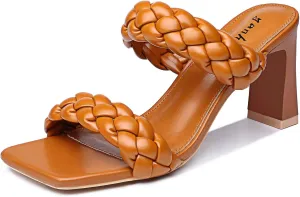 Women's Braided Heeled Sandals Fashion Square Toe Heels Block Chunky Heel Mules Slip On Dress Sexy Backless Summer High Heels Slipper