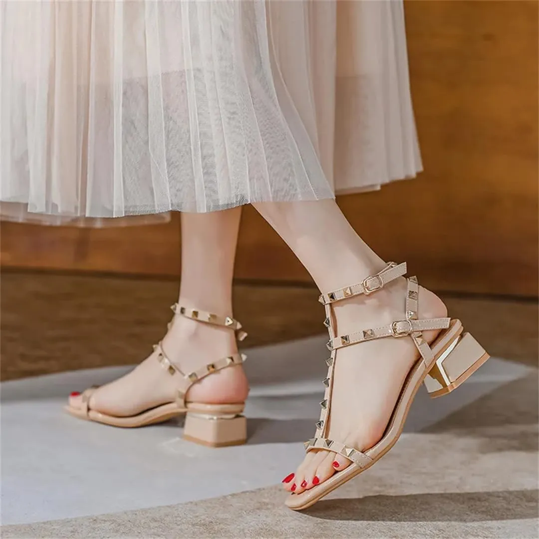 Womens Buckle Strap Back Strap Square Heel Open Side Vamp Modern Sandals Rivet Detail Summer Sandals