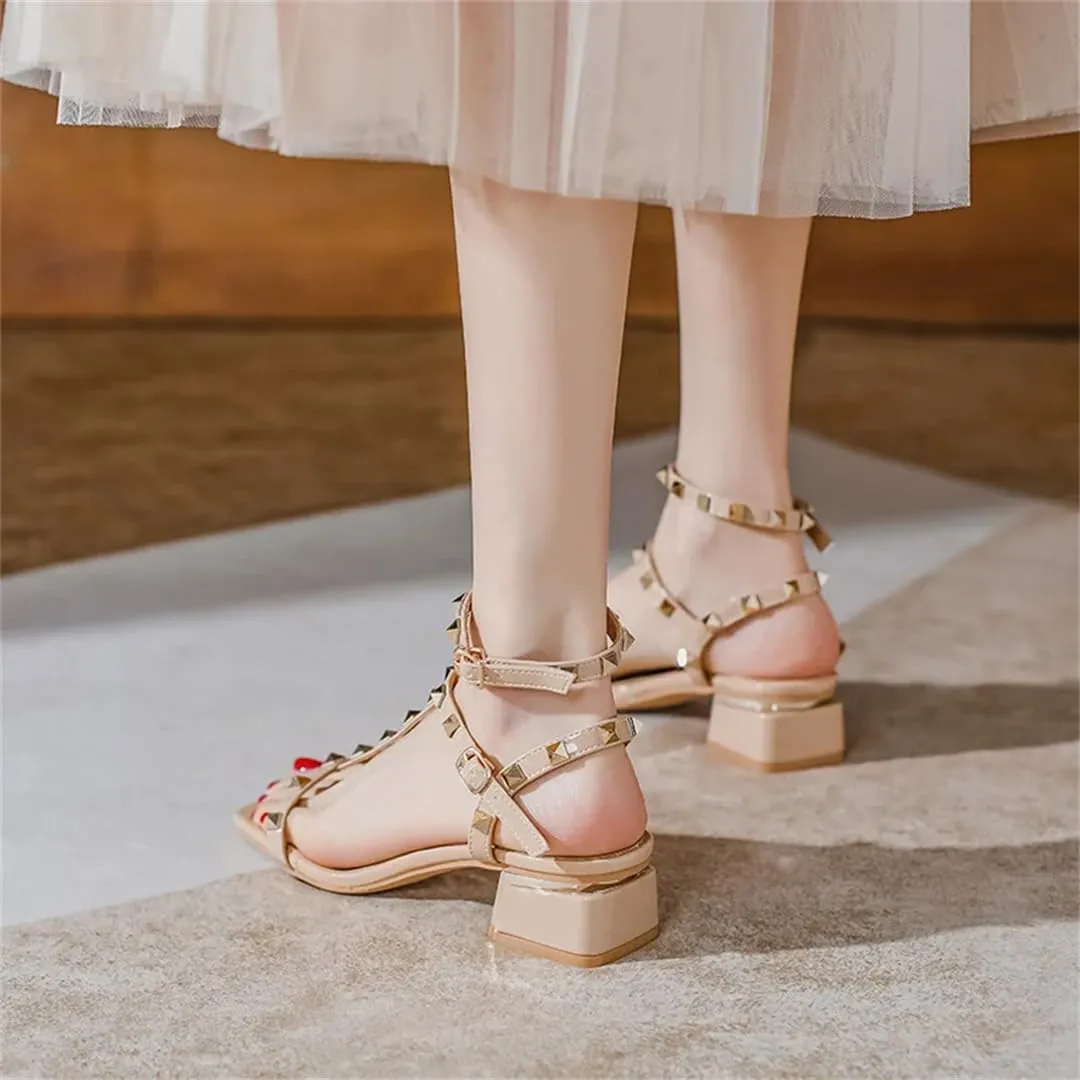 Womens Buckle Strap Back Strap Square Heel Open Side Vamp Modern Sandals Rivet Detail Summer Sandals