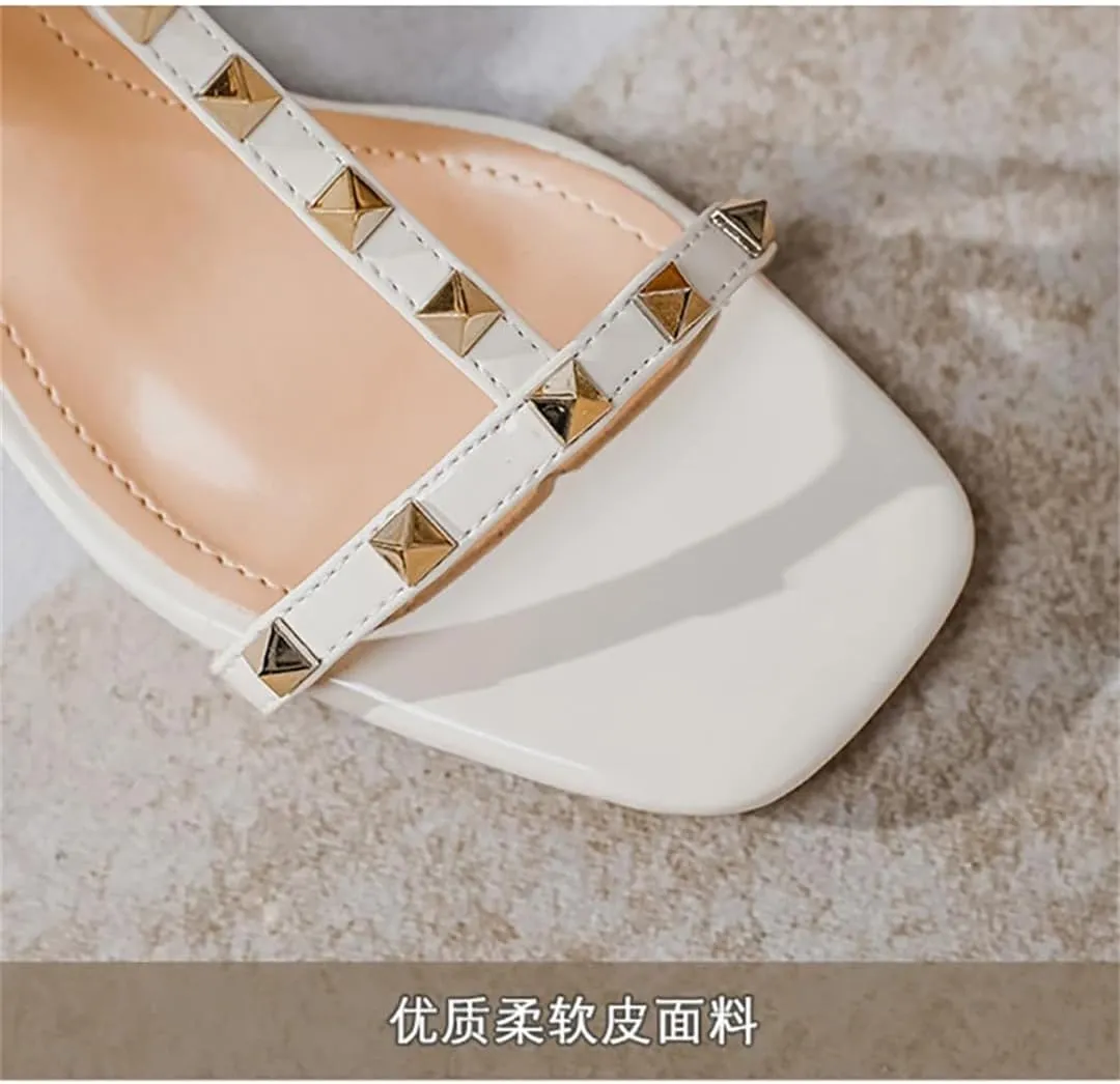 Womens Buckle Strap Back Strap Square Heel Open Side Vamp Modern Sandals Rivet Detail Summer Sandals