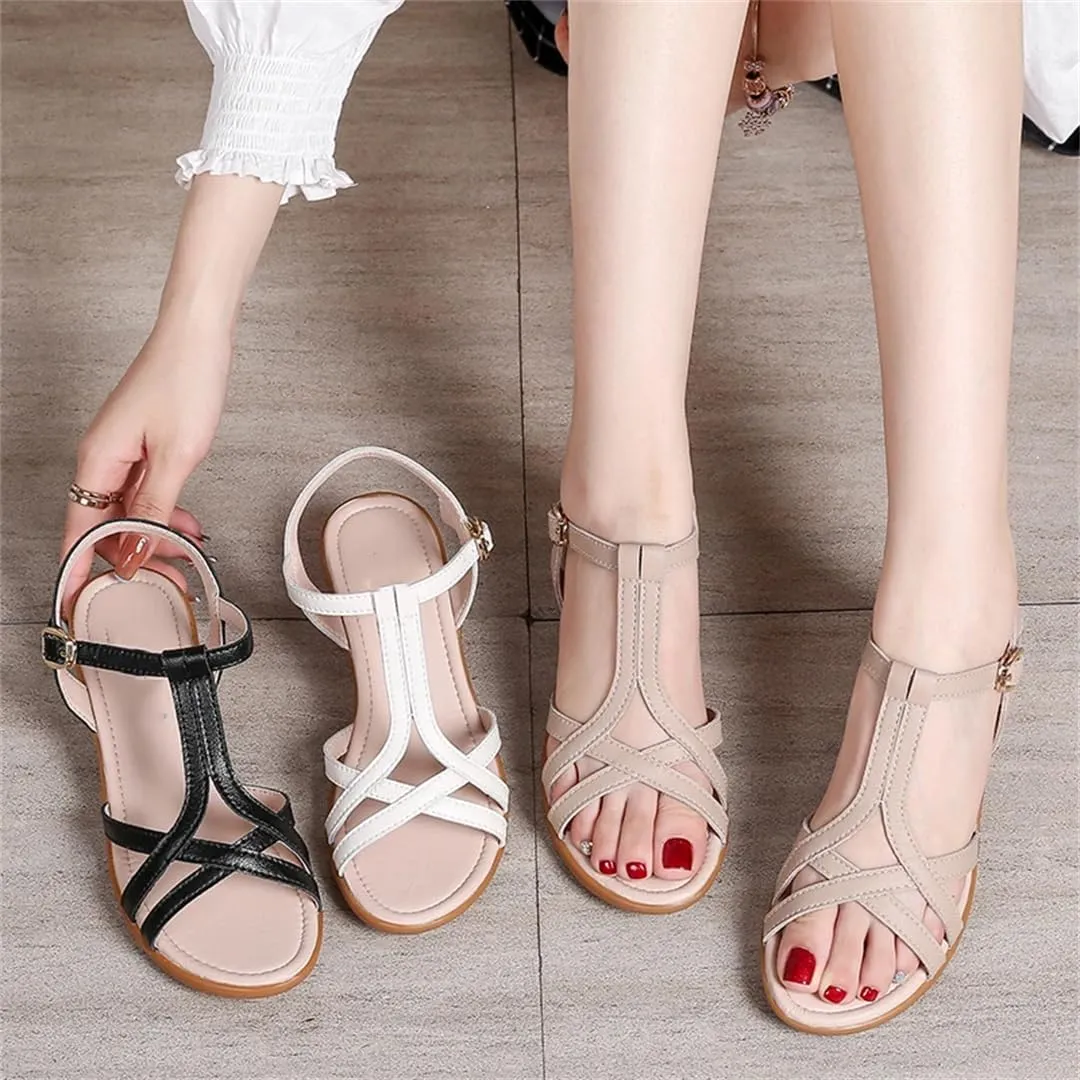 Womens Buckle Strap Front Rear Strap Wedge Heel Open Side Vamp Modern Sandals Split Leather Soft Summer Sandals