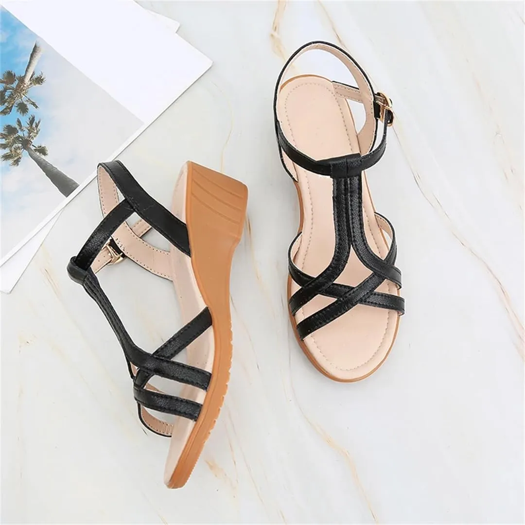 Womens Buckle Strap Front Rear Strap Wedge Heel Open Side Vamp Modern Sandals Split Leather Soft Summer Sandals