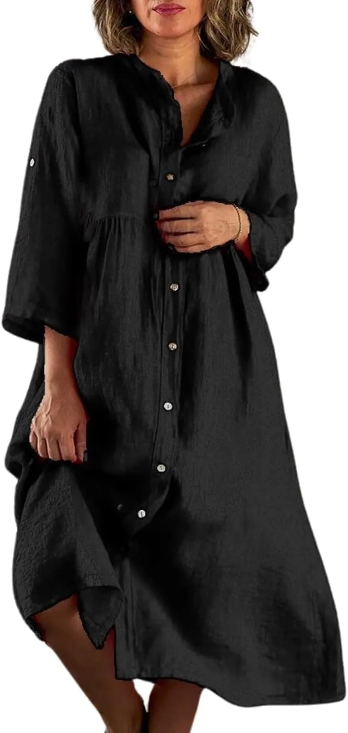 Women's Casual Shirt Dress Cotton Blend 3/4 Sleeve Midi Dresses with Pockets Loose Fit for Beach Vacation