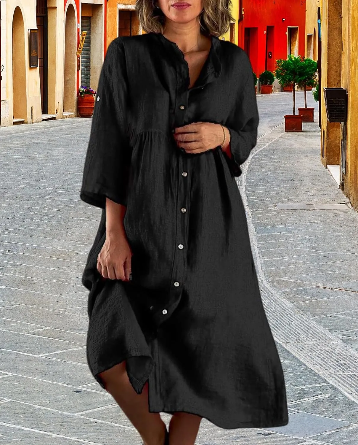 Women's Casual Shirt Dress Cotton Blend 3/4 Sleeve Midi Dresses with Pockets Loose Fit for Beach Vacation